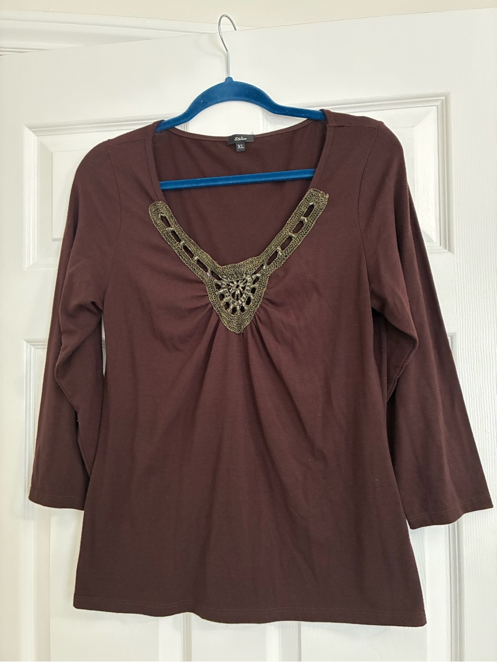 Storm Brown Long Sleeve V-Neck Top with Metallic Crochet Trim